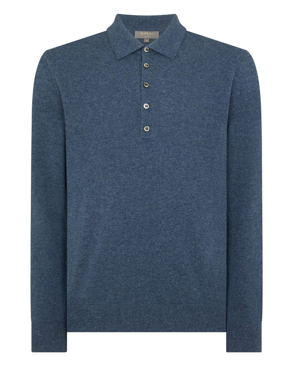 N.Peal Men's Greenwich Cashmere Polo Shirt Light Denim Blue