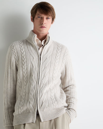 N.Peal Men's Colorado Cable Fur Trim Cashmere Jacket Ash Grey Marl