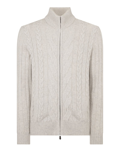 N.Peal Men's Colorado Cable Fur Trim Cashmere Jacket Ash Grey Marl