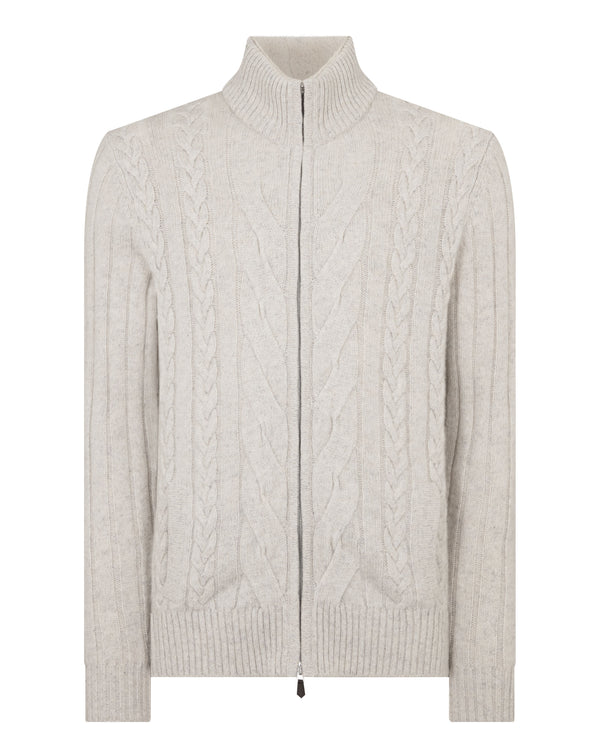N.Peal Men's Colorado Cable Fur Trim Cashmere Jacket Ash Grey Marl
