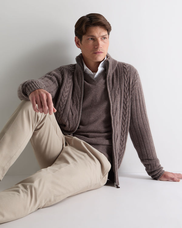 N.Peal Men's Colorado Cable Fur Trim Cashmere Jacket Otter Brown