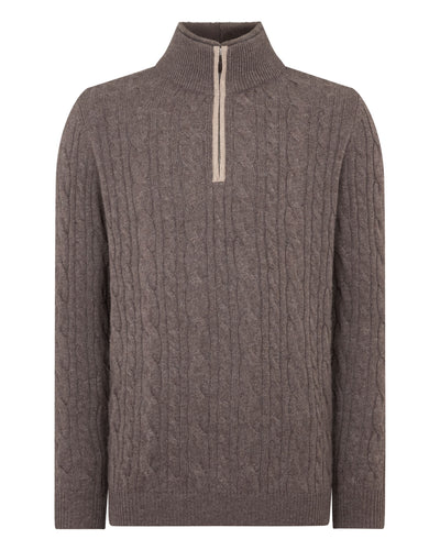 N.Peal Men's Fur Trim Half Zip Cashmere Jumper Otter Brown