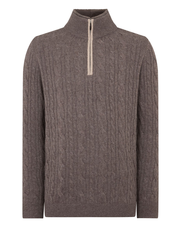 N.Peal Men's Fur Trim Half Zip Cashmere Jumper Otter Brown