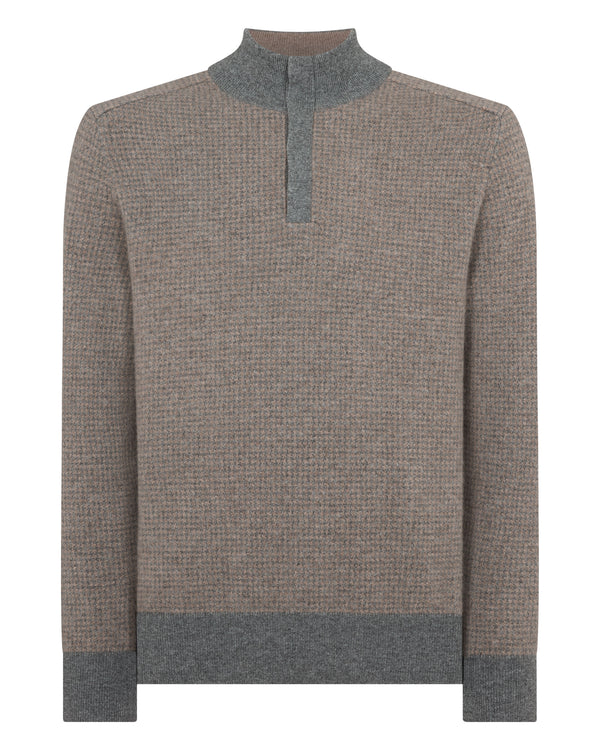 N.Peal Men's Half Button Herringbone Cashmere Jumper Truffle Houndstooth Grey