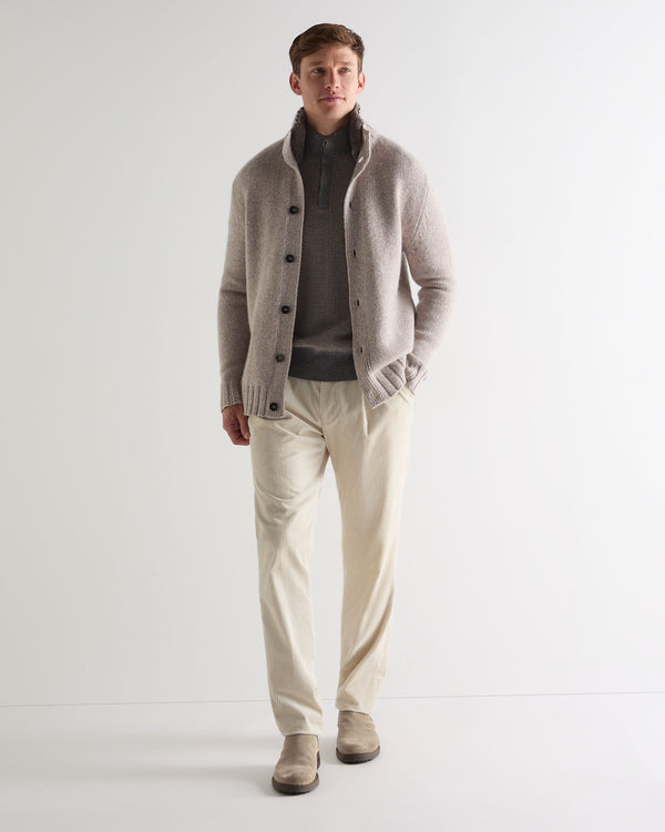 N.Peal Men's Half Button Herringbone Cashmere Jumper Truffle Houndstooth Grey