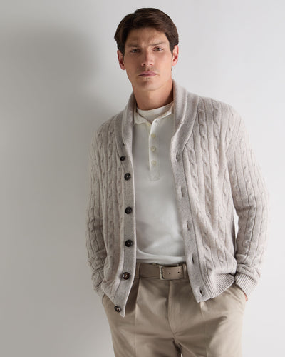 N.Peal Men's Garrick Shawl Cable Cashmere Cardigan Nougat Brown Marl