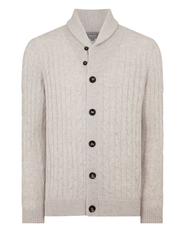 N.Peal Men's Garrick Shawl Cable Cashmere Cardigan Nougat Brown Marl