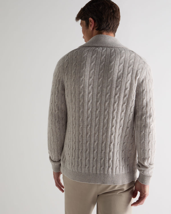 N.Peal Men's Garrick Shawl Cable Cashmere Cardigan Nougat Brown Marl