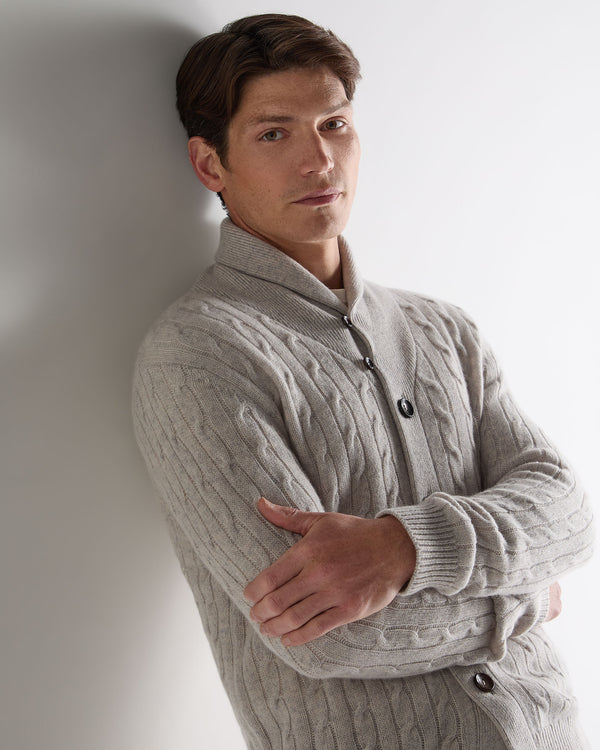 N.Peal Men's Garrick Shawl Cable Cashmere Cardigan Nougat Brown Marl