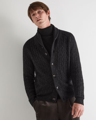 N.Peal Men's Garrick Shawl Cable Cashmere Cardigan Charcoal Grey Melange