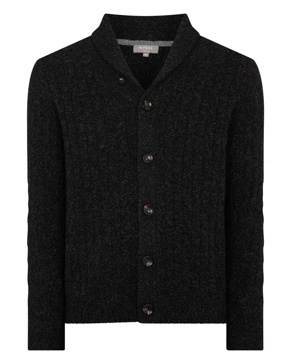 N.Peal Men's Garrick Shawl Cable Cashmere Cardigan Charcoal Grey Melange