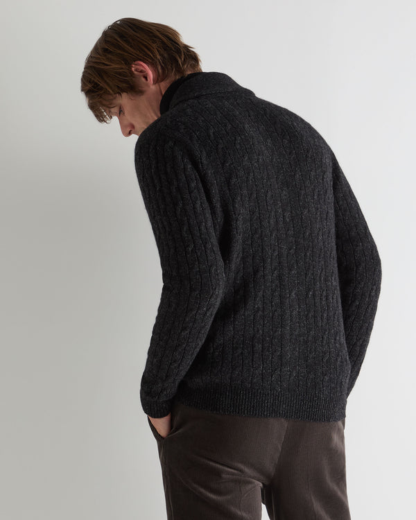 N.Peal Men's Garrick Shawl Cable Cashmere Cardigan Charcoal Grey Melange