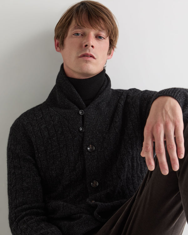 N.Peal Men's Garrick Shawl Cable Cashmere Cardigan Charcoal Grey Melange