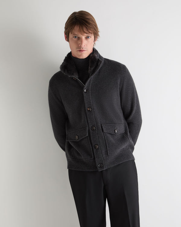 N.Peal Men's Knitted Cashmere Jacket Deep Charcoal Grey