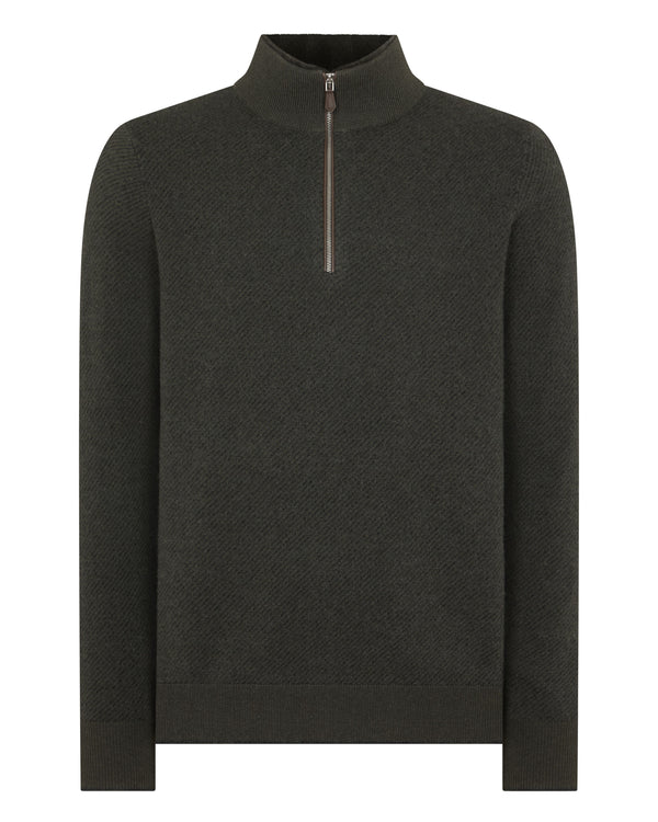 N.Peal Men's Fur Trim Half Zip Cashmere Jumper Arabica Khaki Green