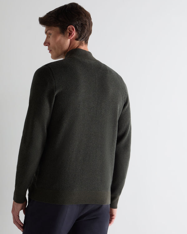 N.Peal Men's Temple Jacquard Half Zip Cashmere Jumper Arabica Khaki Green