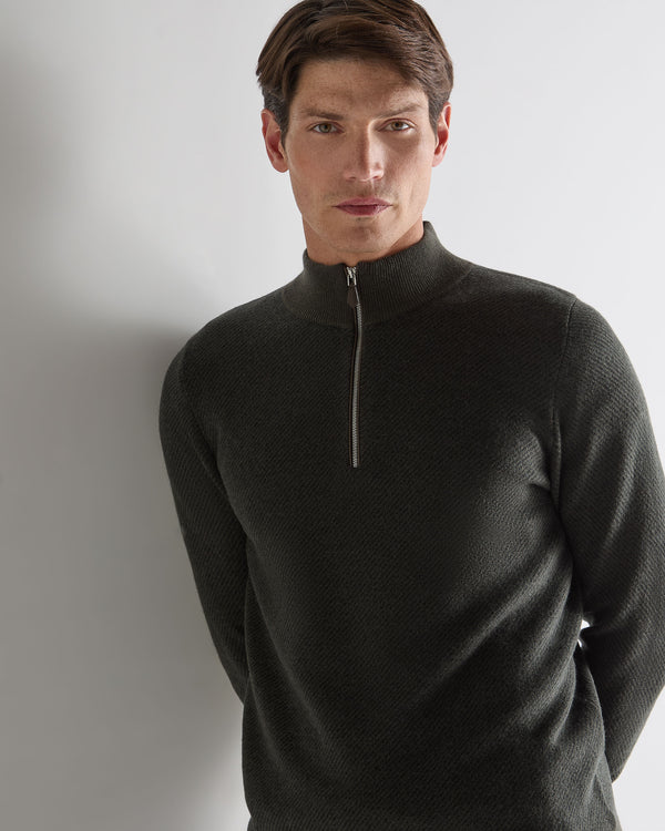 N.Peal Men's Temple Jacquard Half Zip Cashmere Jumper Arabica Khaki Green