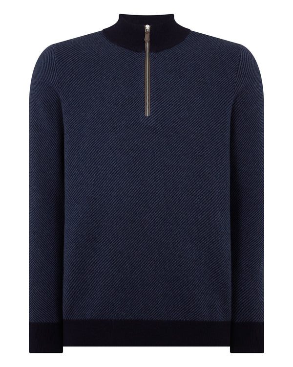 N.Peal Men's Temple Jacquard Half Zip Cashmere Jumper Blue Herringbone