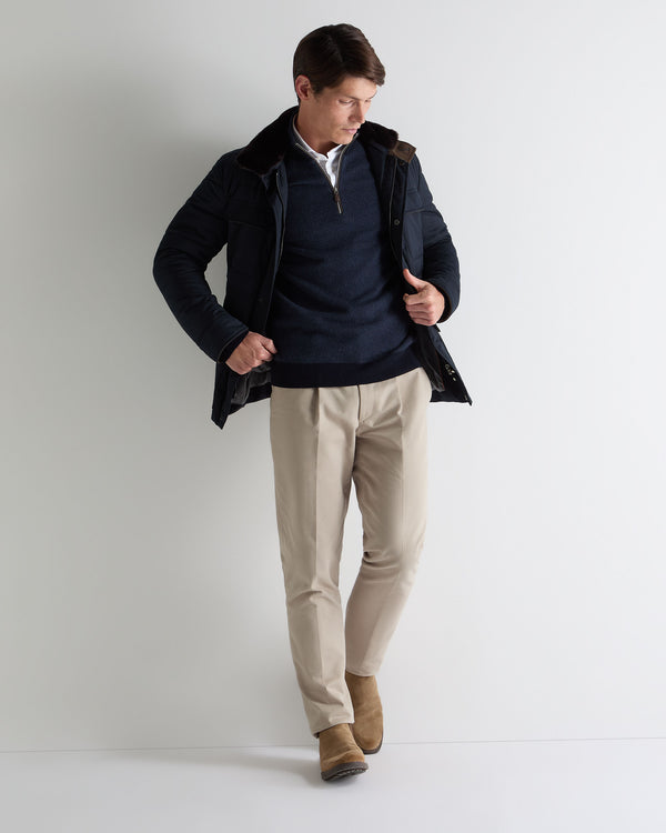 N.Peal Men's Temple Jacquard Half Zip Cashmere Jumper Blue Herringbone