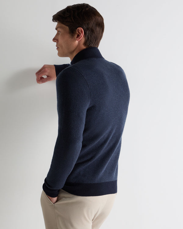 N.Peal Men's Temple Jacquard Half Zip Cashmere Jumper Blue Herringbone