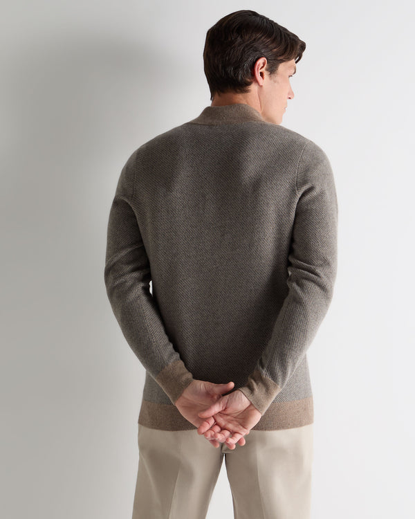 N.Peal Men's Temple Jacquard Half Zip Cashmere Jumper Smoky Herringbone Grey