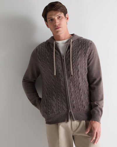 N.Peal Men's Fulham Cable Zip Cashmere Hoodie Otter Brown