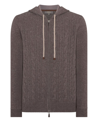 N.Peal Men's Fulham Cable Zip Cashmere Hoodie Otter Brown