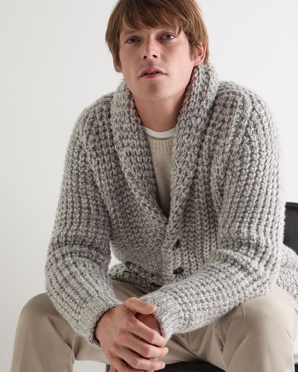 N.Peal Men's Textured Kensington Cashmere Cardigan Flannel Grey Marl
