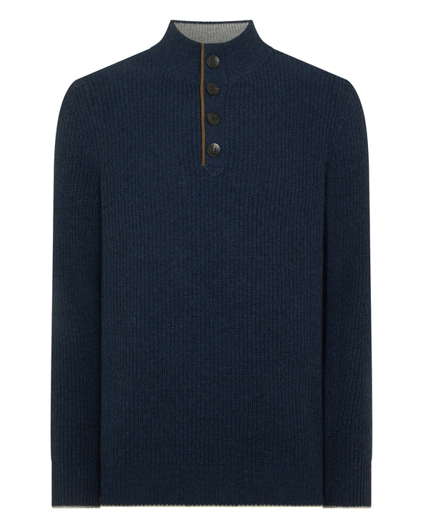 N.Peal Men's Beauchamp Half Button Cashmere Jumper Indigo Blue