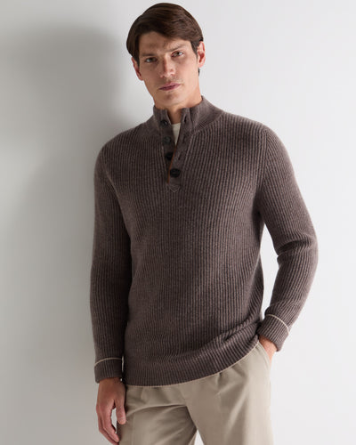N.Peal Men's Beauchamp Half Button Cashmere Jumper Otter Brown