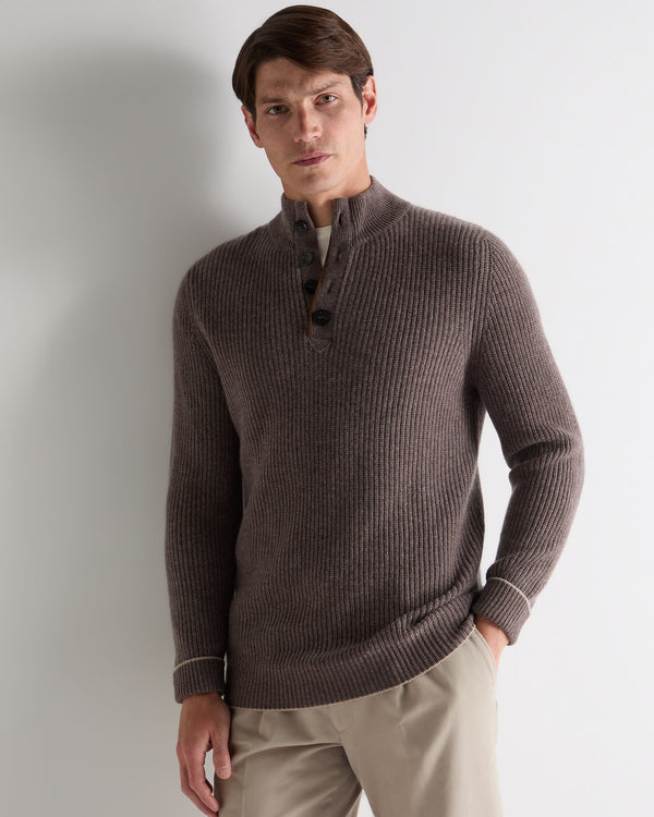 N.Peal Men's Beauchamp Half Button Cashmere Jumper Otter Brown