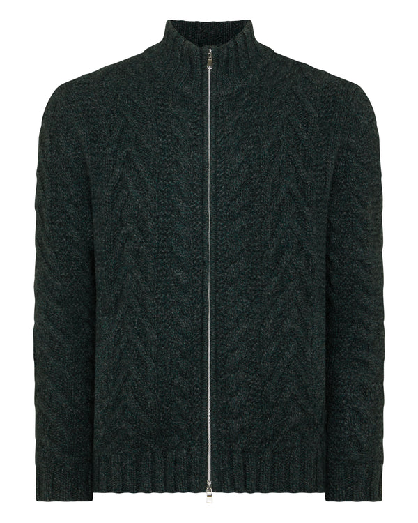 N.Peal Men's Cable Full Zip Cashmere Jumper Green Melange