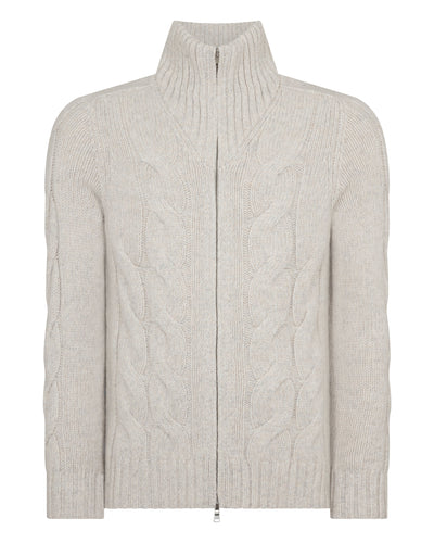 N.Peal Men's Chunky Cable Full Zip Cashmere Jumper Ash Grey Marl