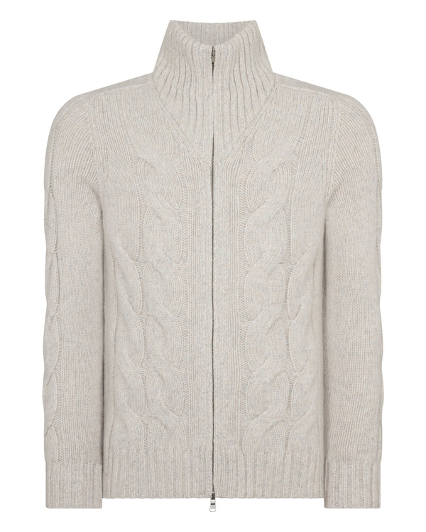 N.Peal Men's Chunky Cable Full Zip Cashmere Jumper Ash Grey Marl