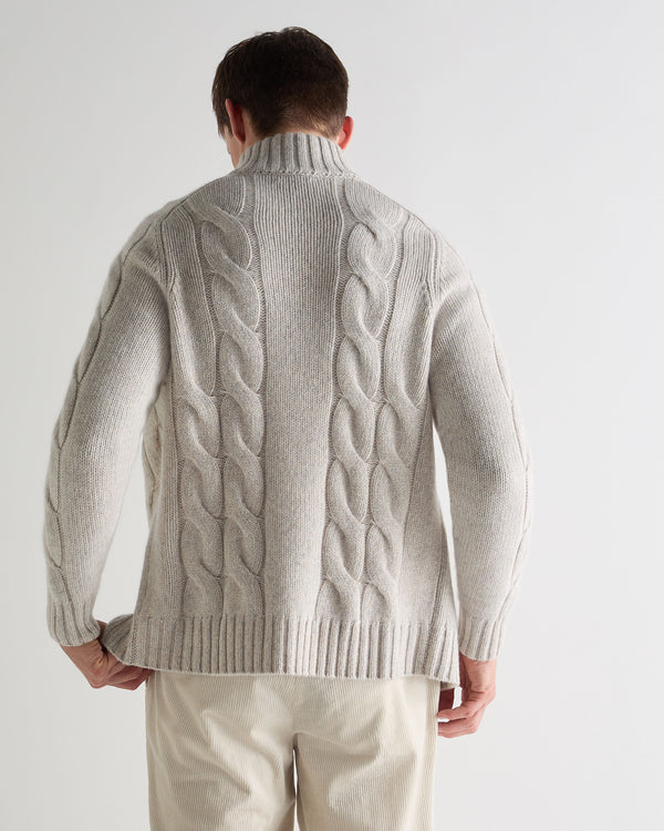 N.Peal Men's Chunky Cable Full Zip Cashmere Jumper Ash Grey Marl