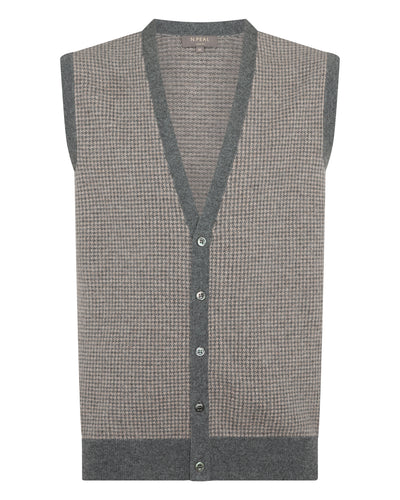N.Peal Men's Sleeveless Cashmere Tank Top Oatmeal Houndstooth Brown