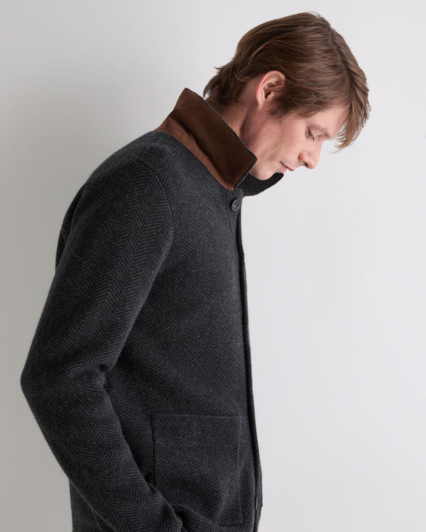 N.Peal Men's Herringbone Cashmere Polo Shirt Black