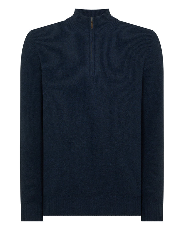N.Peal Men's Ribbed Half Zip Cashmere Jumper Indigo Blue
