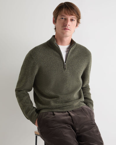 N.Peal Men's Ribbed Half Zip Cashmere Jumper Moss Green