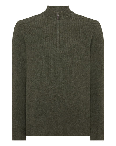 N.Peal Men's Ribbed Half Zip Cashmere Jumper Moss Green