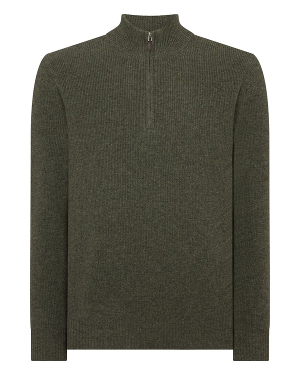 N.Peal Men's Ribbed Half Zip Cashmere Jumper Moss Green