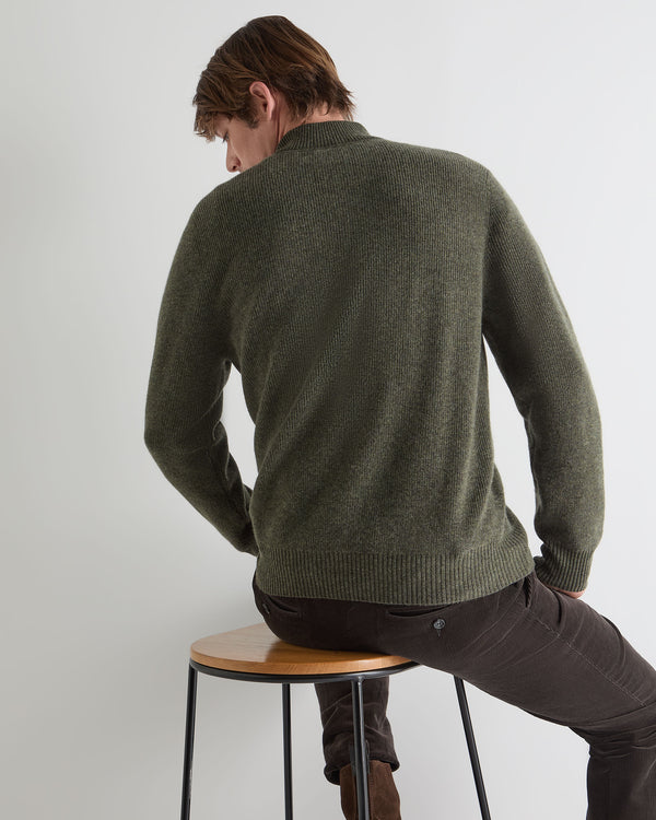 N.Peal Men's Ribbed Half Zip Cashmere Jumper Moss Green