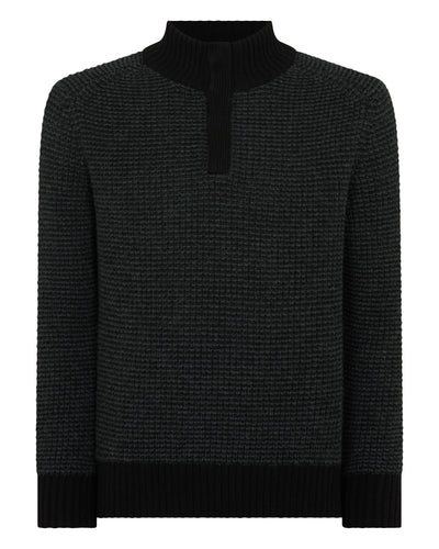 N.Peal Men's Moss Stitch Half Button Cashmere Jumper Black