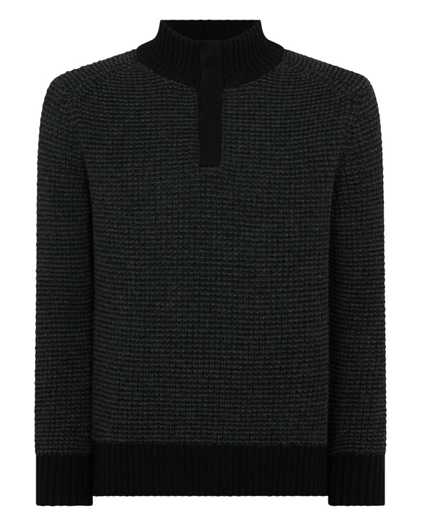 N.Peal Men's Moss Stitch Half Button Cashmere Jumper Black