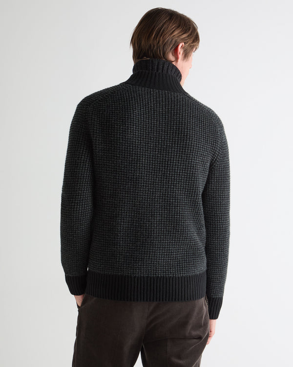 N.Peal Men's Moss Stitch Half Button Cashmere Jumper Black