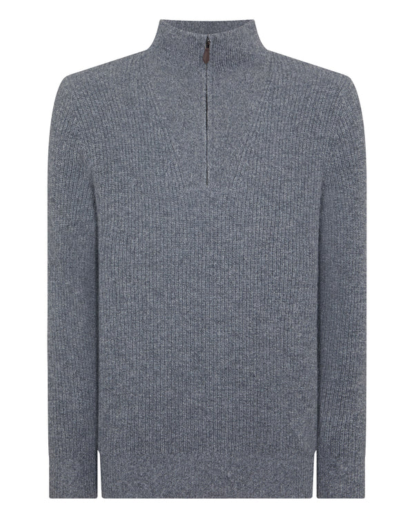 N.Peal Men's Half Zip Rib Cashmere Jumper Grey Melange