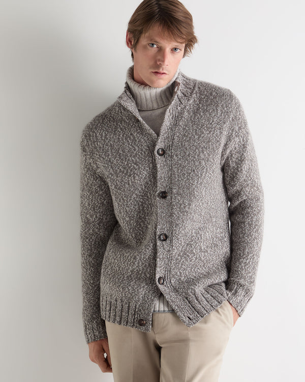 N.Peal Men's Button Through Marl Cashmere Cardigan Soft Truffle Brown Marl
