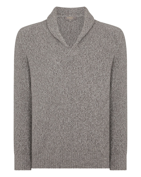 N.Peal Men's Shawl Collar Cashmere Jumper Soft Truffle Brown Marl