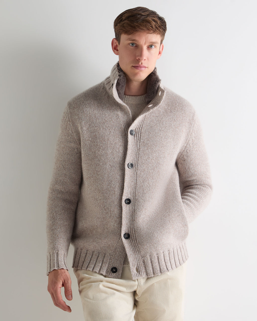 Men's Button Through Cashmere Cardigan With Fur Basilica Beige