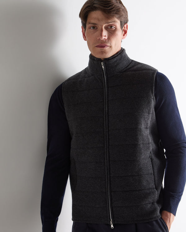 N.Peal Men's Padded Fur Trim Cashmere Gilet Deep Charcoal Grey